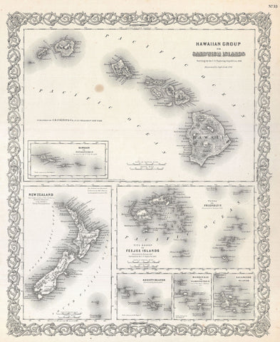 1855 COLTON MAP OF HAWAII AND NEW ZEALAND ART PRINT POSTER