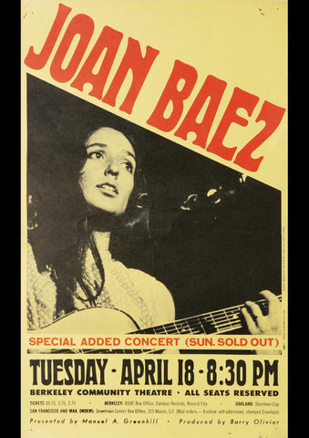 JOAN BAEZ BERKELEY THEATRE 1967 VINTAGE CONCERT POSTER REPRINT
