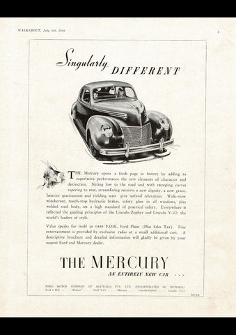 1939 MERCURY 5 WINDOW COUPE FORD AUSSIE AD ART PRINT POSTER