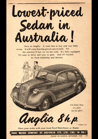 1949 FORD ANGLIA 8 HP SEDAN AUSSIE AD ART PRINT POSTER