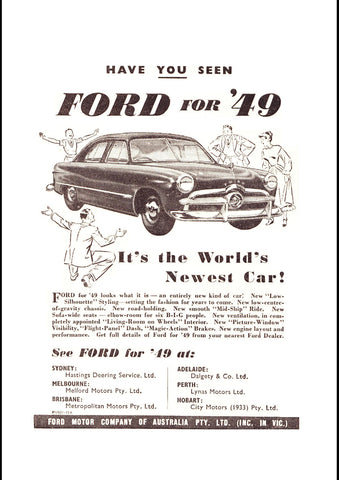 1949 FORD SINGLE SPINNER SEDAN AUSSIE AD ART PRINT POSTER