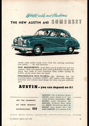 1952 AUSTIN A40 SOMERSET SALOON AUSSIE AD ART PRINT POSTER