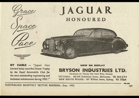 1952 BRYSON INDUSTRIES LTD JAGUAR MARK VII SALOON AUSSIE AD ART PRINT POSTER