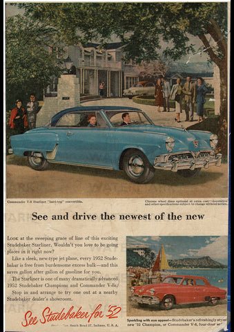 1952 STUDEBAKER COMMANDER V8 STARLINER HARDTOP USA REPRO AD ART PRINT POSTER