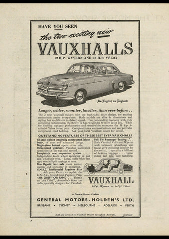 1952 VAUXHALL WYVERN & VELOX GMH AUSSIE REPRO AD ART PRINT POSTER