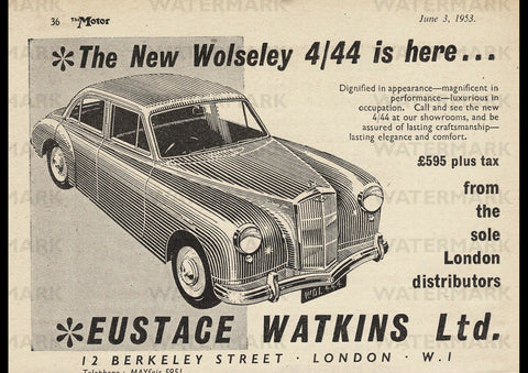 1953 EUSTACE WATKINS LTD WOLSELEY 444 SALOON ENGLISH UK REPRO AD ART PRINT POSTER