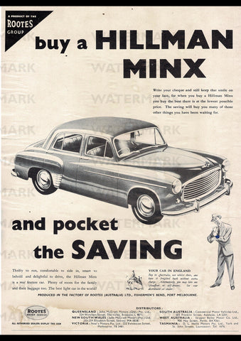 1955 HILLMAN MINX SALOON ROOTES GROUP AUSSIE REPRO AD ART PRINT POSTER