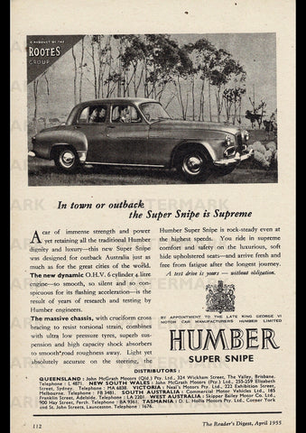 1955 HUMBER SUPER SNIPE SALOON ROOTES GROUP AUSSIE REPRO AD ART PRINT POSTER
