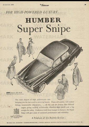 1955 HUMBER SUPER SNIPE SALOON ROOTES GROUP ENGLISH UK REPRO AD ART PRINT POSTER