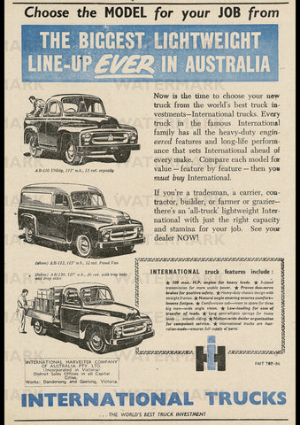 1955 INTERNATIONAL HARVESTER AR-110 UTILITY AR-112 PANEL VAN AR-120 TRUCK AUSSIE REPRO AD ART PRINT POSTER