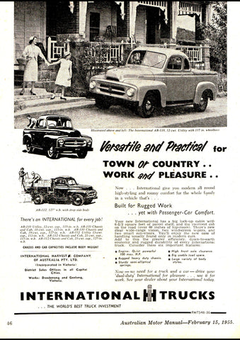 1955 INTERNATIONAL HARVESTER TRUCKS AR-110 UTILITY & AR-112 DROPSIDE AUSSIE REPRO AD ART PRINT POSTER