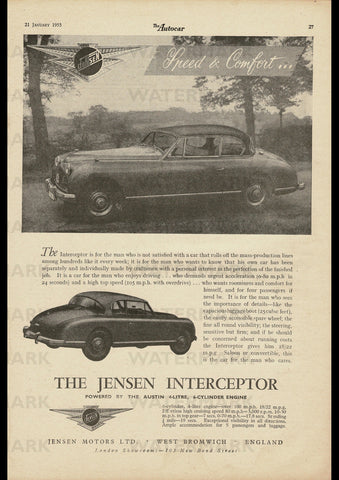 1955 JENSEN INTERCEPTOR SALOON & CONVERTIBLE ENGLISH UK REPRO AD ART PRINT POSTER