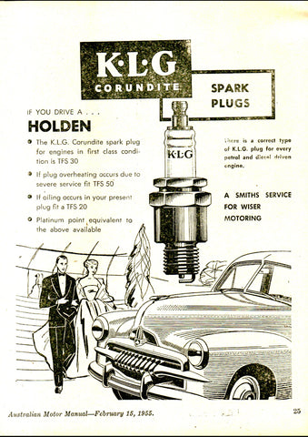 1955 KLG CORUNDITE SPARK PLUGS FJ HOLDEN SEDAN AUSSIE REPRO AD ART PRINT POSTER