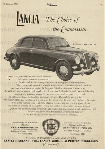 1955 LANCIA AURELIA 2ND SERIES SALOON ENGLISH UK REPRO AD ART PRINT POSTER