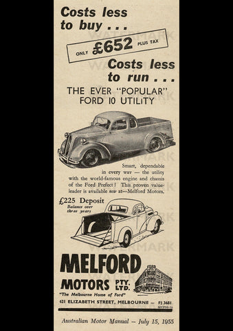 1955 MELFORD MOTORS FORD POPULAR 10 UTILITY UTE AUSSIE REPRO AD ART PRINT POSTER