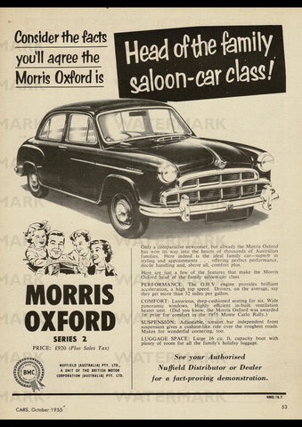 1955 MORRIS OXFORD SERIES II SALOON BMC AUSSIE REPRO AD ART PRINT POSTER