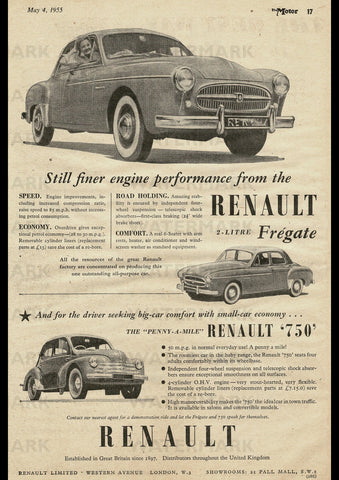 1955 RENAULT FREGATE SALOON & 750 ENGLISH UK REPRO AD ART PRINT POSTER
