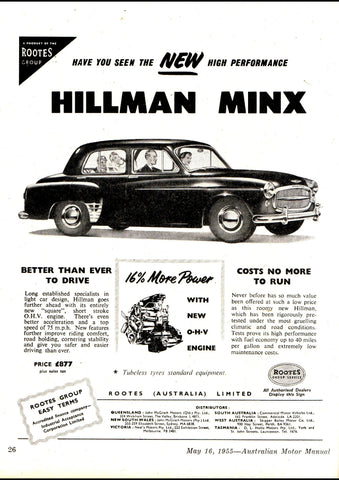 1955 ROOTES GROUP HILLMAN MINX SEDAN AUSSIE REPRO AD ART PRINT POSTER