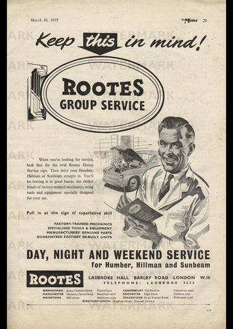 1955 ROOTES GROUP SERVICE HUMBER HILLMAN SUNBEAM ENGLISH UK REPRO AD ART PRINT POSTER