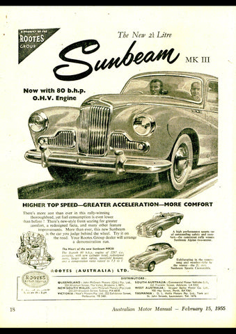 1955 ROOTES GROUP SUNBEAM SALOON MKIII 2267CC SALOON 2 SEATER AUSSIE REPRO AD ART PRINT POSTER