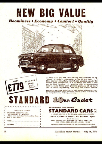 1955 STANDARD 10HP CADET SEDAN AUSSIE REPRO AD ART PRINT POSTER