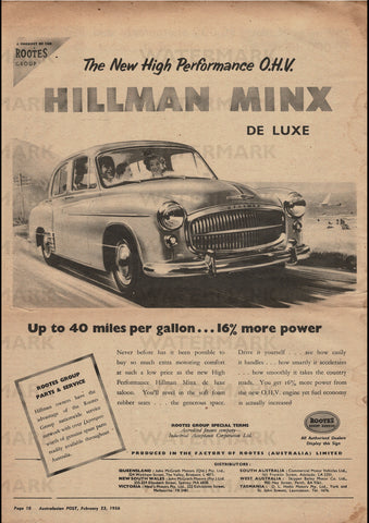 1956 HILLMAN MINX DELUXE SALOON ROOTES GROUP AUSSIE REPRO AD ART PRINT POSTER