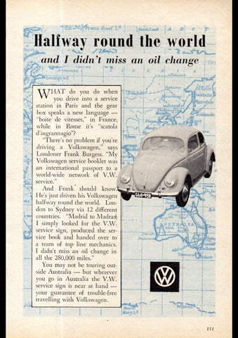 1957 VOLKSWAGEN VW BEETLE HALFWAY AROUND THE WORLD AUSSIE REPRO AD ART PRINT POSTER