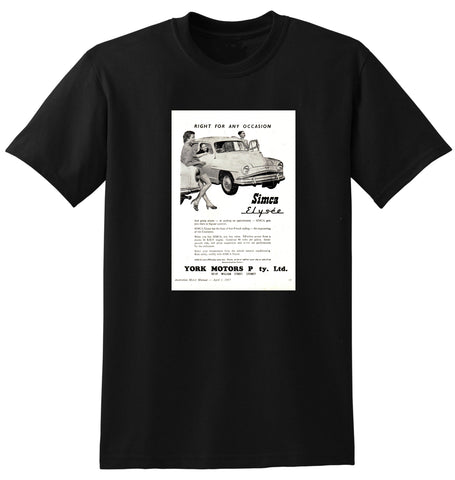 1957 YORK MOTORS PTY LTD SIMCA ELYSEE SEDAN AUSSIE AD TSHIRT