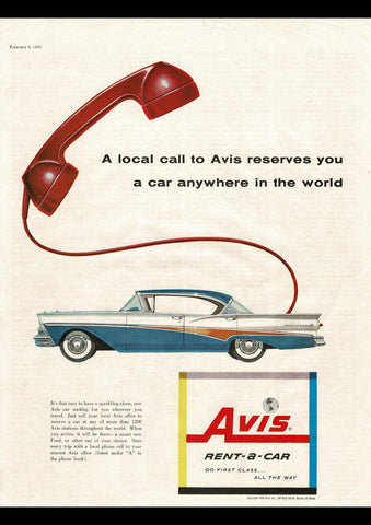 1958 AVIS RENT A CAR FORD FAIRLANE 500 USA REPRO AD ART PRINT POSTER