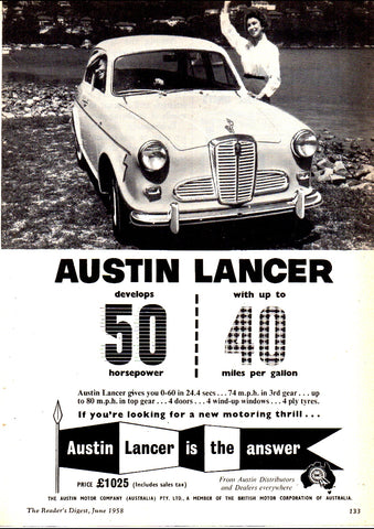 1958 AUSTIN LANCER 50HP 40MPG BMC AUSSIE REPRO AD ART PRINT POSTER
