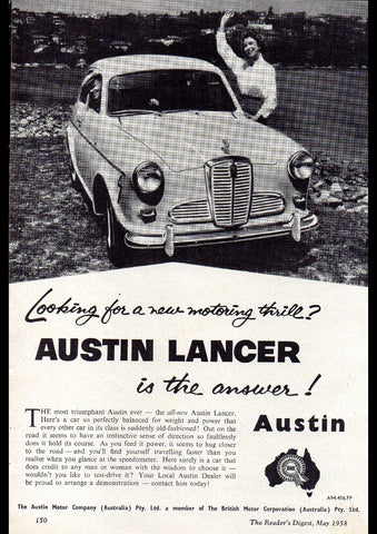 1958 AUSTIN LANCER SEDAN BMC AUSSIE REPRO AD ART PRINT POSTER