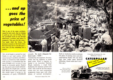 1958 CATERPILLAR AND UP GOES THE PRICE OF VEGETABLES AUSSIE REPRO AD ART PRINT POSTER
