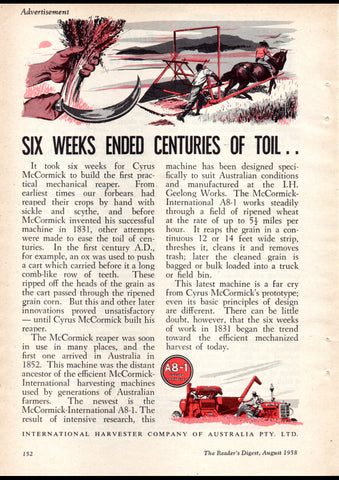 1958 INTERNATIONAL HARVESTER SIX WEEKS ENDED CENTURIES OF TOIL AUSSIE REPRO AD ART PRINT POSTER