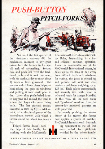 1958 INTERNATIONAL HARVESTER PUSH BUTTON PITCH FORKS AUSSIE REPRO AD ART PRINT POSTER