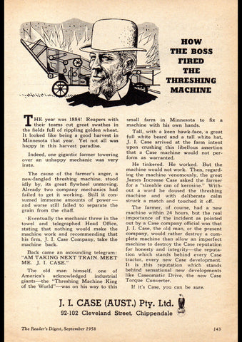 1958 J.I. CASE THRESHING MACHINE TRACTORS AUSSIE REPRO AD ART PRINT POSTER