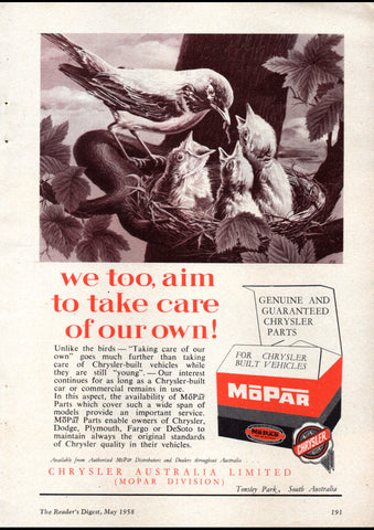 1958 MOPAR CHRYSLER GENUINE PARTS AUSSIE REPRO AD ART PRINT POSTER