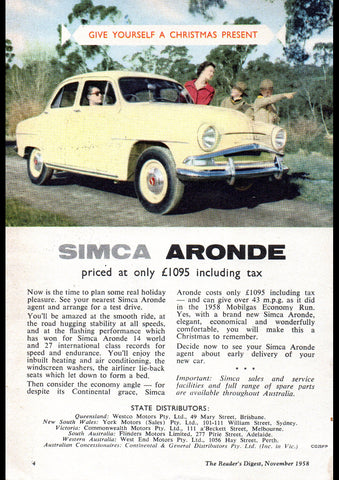 1958 SIMCA ARONDE SEDAN AUSSIE REPRO AD ART PRINT POSTER