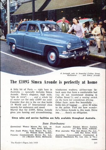 1958 SIMCA ARONDE SEDAN AUSSIE REPRO AD ART PRINT POSTER