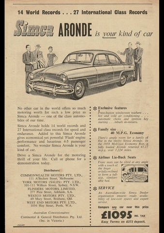 1958 SIMCA ARONDE SEDAN AUSSIE REPRO AD ART PRINT POSTER