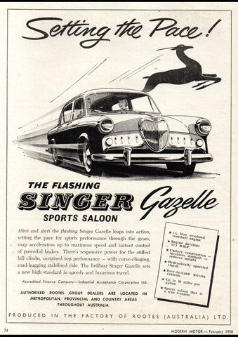1958 SINGER GAZELLE SPORTS SEDAN ROOTES GROUP AUSSIE REPRO AD ART PRINT POSTER