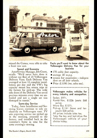 1958 VOLKSWAGEN HOW VW DELIVERY VANS HELPED 20000 MORE PEOPLE AUSSIE REPRO AD ART PRINT POSTER