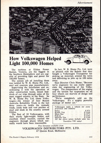 1958 VOLKSWAGEN BEETLE HELPED LIGHT 100000 HOMES AUSSIE REPRO AD ART PRINT POSTER