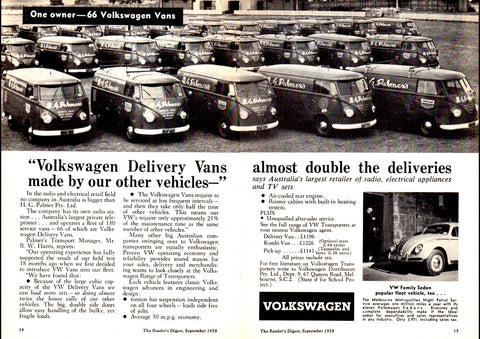 1958 VOLKSWAGEN DELIVERY VANS & BEETLE AUSSIE REPRO AD ART PRINT POSTER