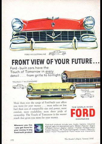 1958 WORLD WIDE FORD COMPANIES FRONT VIEW OF YOUR FUTURE REPRO AD ART PRINT POSTER