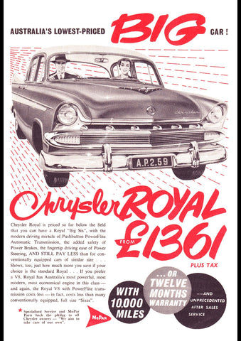1959 AP2 CHRYSLER ROYAL SEDAN AUSSIE AD ART PRINT POSTER