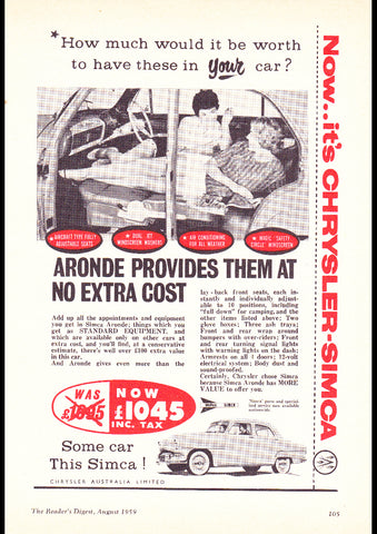 1959 CHRYSLER SIMCA ARONDE SEDAN AUSSIE AD ART PRINT POSTER