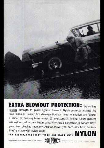 1959 DU PONT NYLON TIRES EXTRA BLOWOUT PROTECTION AD ART PRINT POSTER