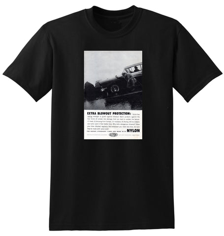 1959 DU PONT NYLON TIRES TYRES EXTRA BLOWOUT PROTECTION AD TSHIRT