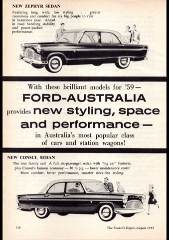 1959 FORD CONSUL ZEPHYR SEDAN & WAGONS ZODIAC SEDAN AUSSIE AD ART PRINT POSTER