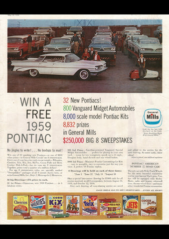1959 GENERAL MILLS SWEEPSTAKES PONTIAC GIVEAWAY USA AD ART PRINT POSTER
